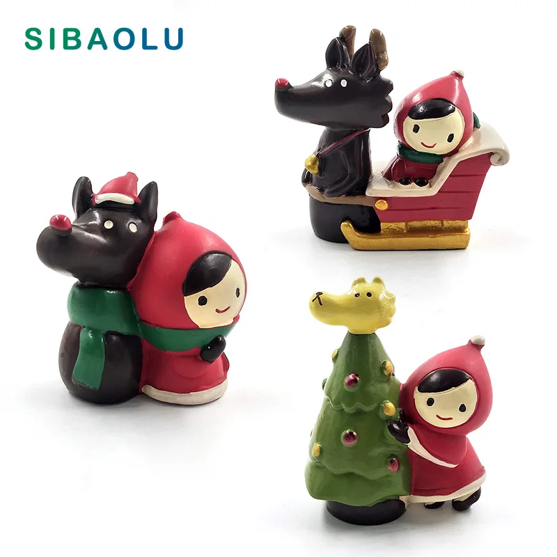 

Wolf Tree Red Hat Girl Sledge Miniature Christmas figurine Home Decoration Mini Fairy Garden statue Resin craft toy ornaments