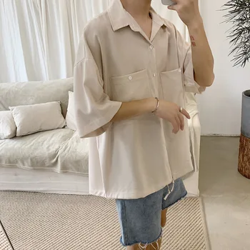 

2019 Spot Korean Version Of The Men's Spring New Solid Color Japanese Loose XL Pocket Casual Shirt
