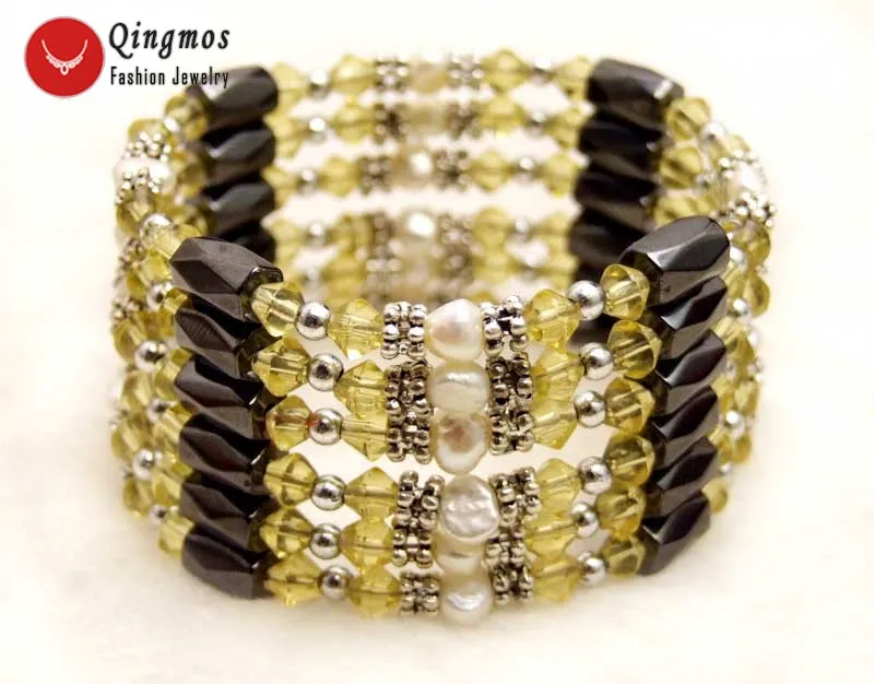 

Qingmos Trendy 4-5mm Natural 36'' White Baroque Pearl Necklace Bracelet for Women and Yellow Crystal & Black Hematite Bra363