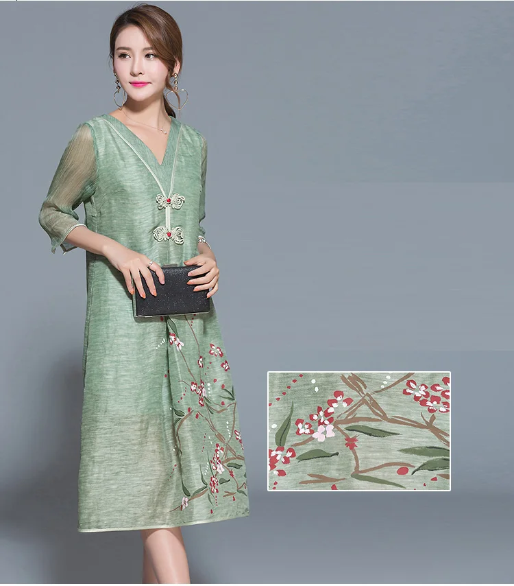Женское платье в этническом китайском стиле с v-образным вырезом, пуговицами и цветочным принтом, высокое качество, шелковое льняное платье с разрезом по бокам и карманами, Vestidos размера плюс