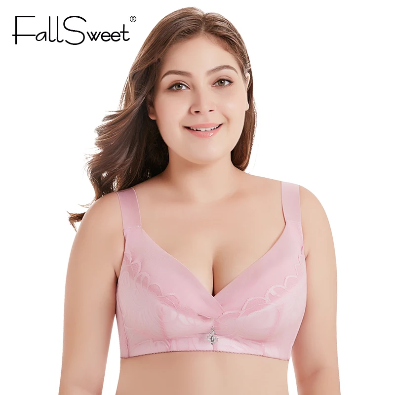 

FallSweet Wire Free Minimizer Bra E F Cup Lace Brassiere Wide Strap Plus Size Underwear Full Coverage 36 to 50