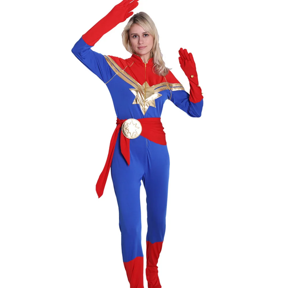 

Superhero Captain Cosplay Costume Marvell Carol Danvers Jumpsuits Kids Adults Halloween Stage Performance Slim Uniform Bodysuits