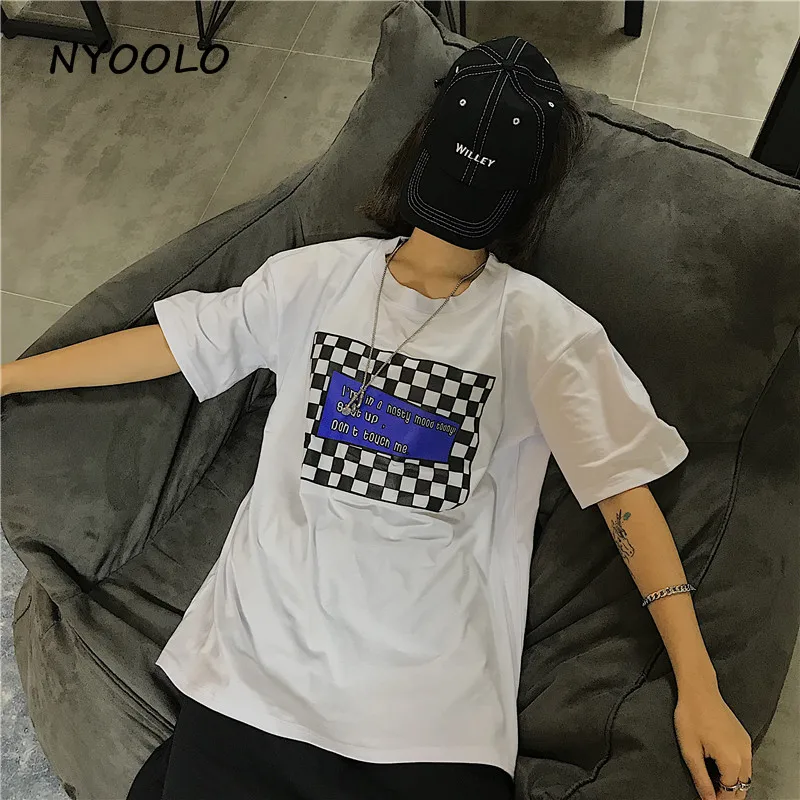 

NYOOLO Harajuku style Black white plaid letters print tees Summer loose short sleeve t-shirt women/men clothing tops streetwear