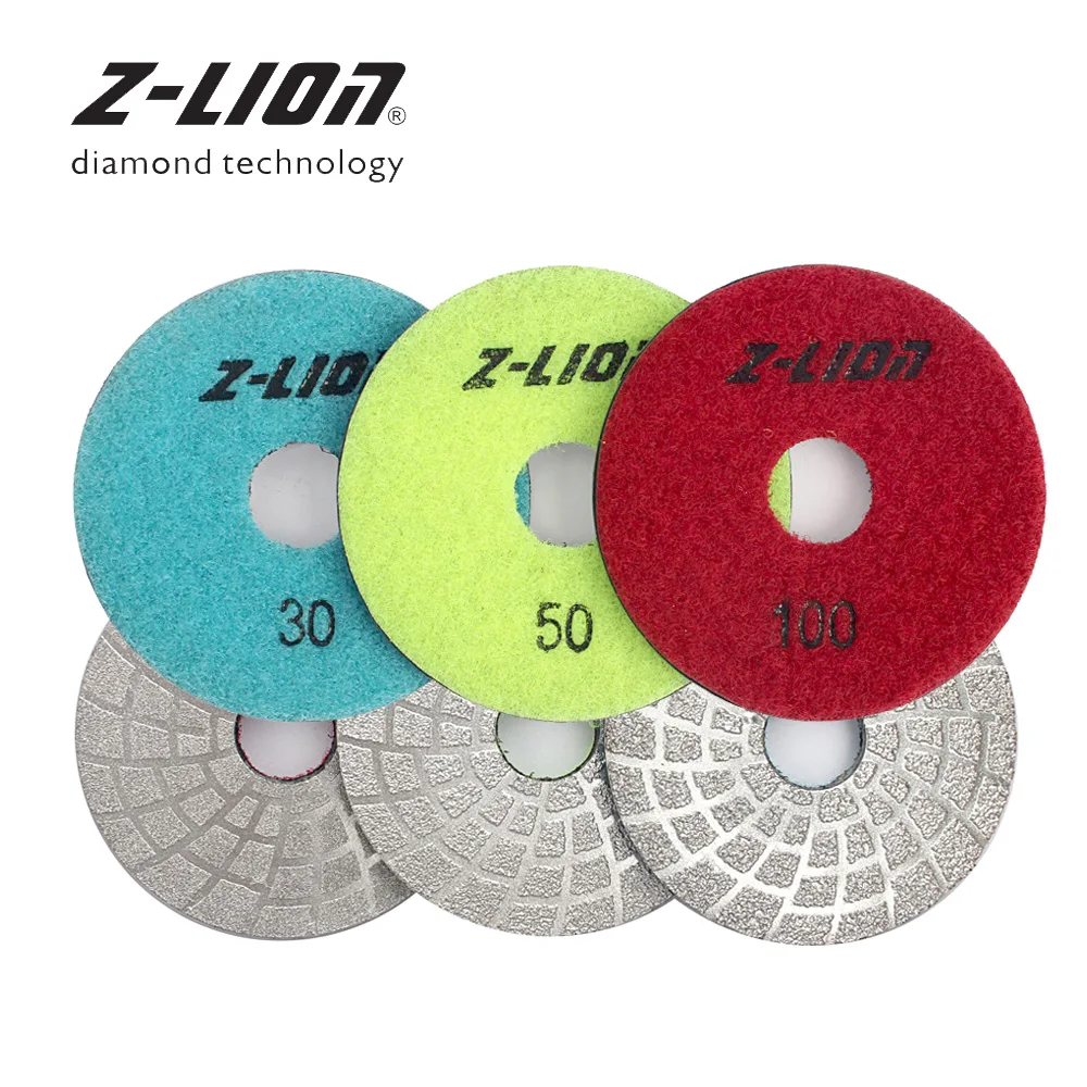 

Z-LION 3" 3PCS/Set Diamond Polishing Pad Vacuum Brazed Grinding Disc Dry Wet Granite Concrete Marble Sanding Wheel 30-100 Grit