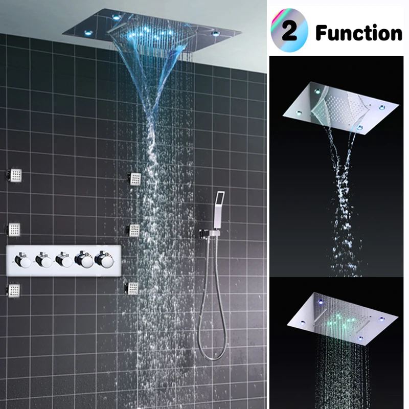 

Bathroom Fixture Conceal Rain Shower Ceiling Mounted Waterfall Rainfall Shower Head High Flow Thermostatic Big LED Shower Set