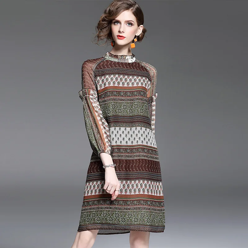 

Top quality autumn dress 2017 new fashion brand runway Chiffon dress knee-length o-neck vintage women dress