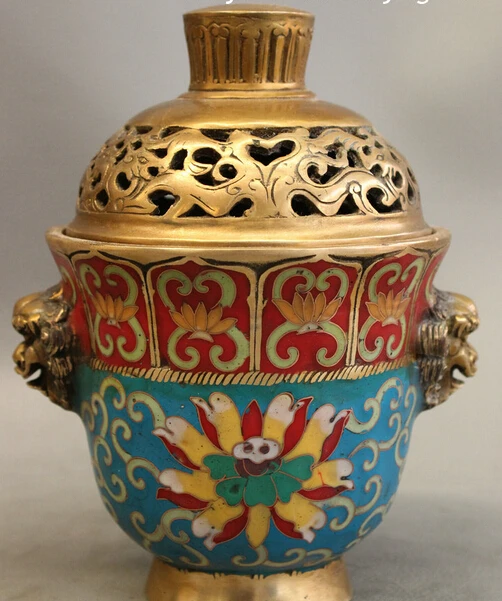 

xd 002750 Chinese Cloisonne Bronze Buddhism Lion Head Statue Jar Incense Burner Censer