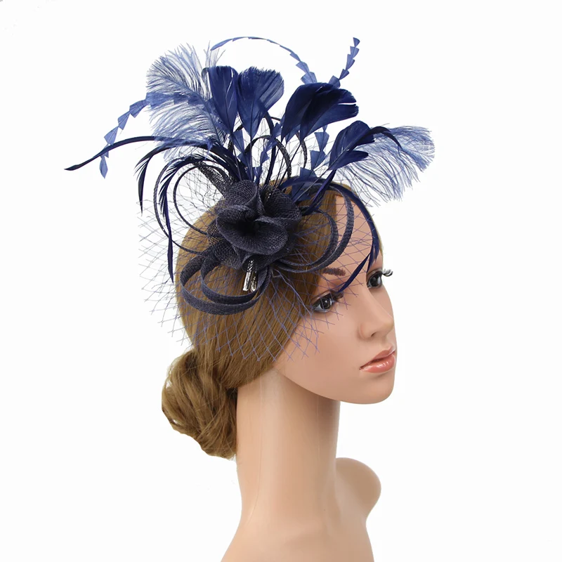 Navy First female bride headdress female church hats royal hat banquet charming hat hairpin hair band caps derby cap - Цвет: Navy