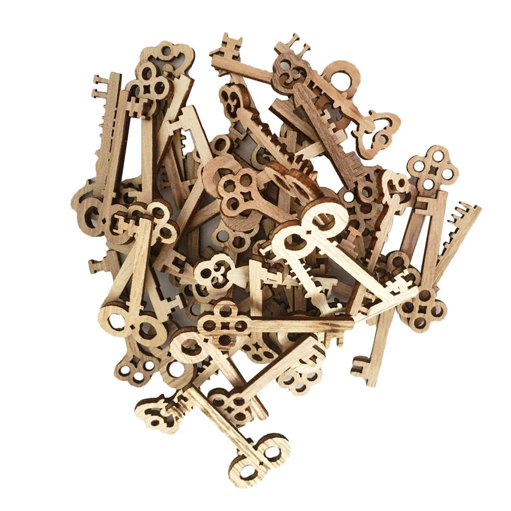 50pcs Key Shaped Unfinished Wood Pieces Crafts Wooden Hanging Embellishments