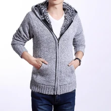 Модные мужские шерстяные кардиган свитера с капюшоном, мужской толстый пуловер, корейский Тонкий Однотонный мужской свитер с длинными рукавами