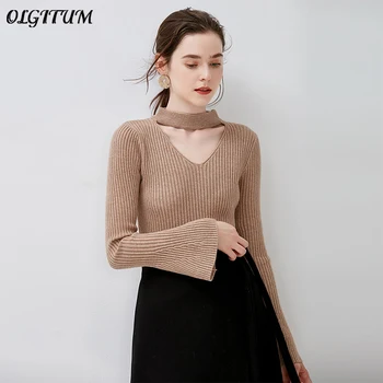

Women Knitted Sweater Hot 2019 Female Fashion Sexy V-Neck Pullovers Sweaters Autumn Winter Basic Casual Tops Solid Women Sweater