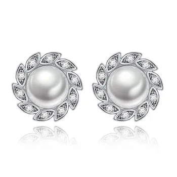 

925 Sterling Silver Fashion Shiny Crystal Imitation Pearl Leaf Stud Earrings for Women Wholesale Jewelry Gifts Drop Shipping