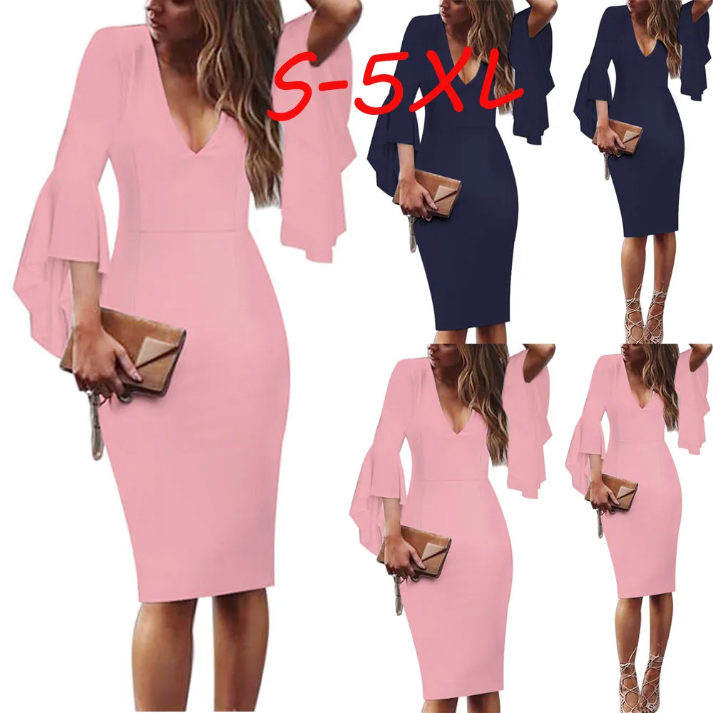 

Womens Sexy V-Neck Bell Sleeves Work Party Cocktail Work Sheath Office Dress Women Vestido Vestidos De Fiesta Robe