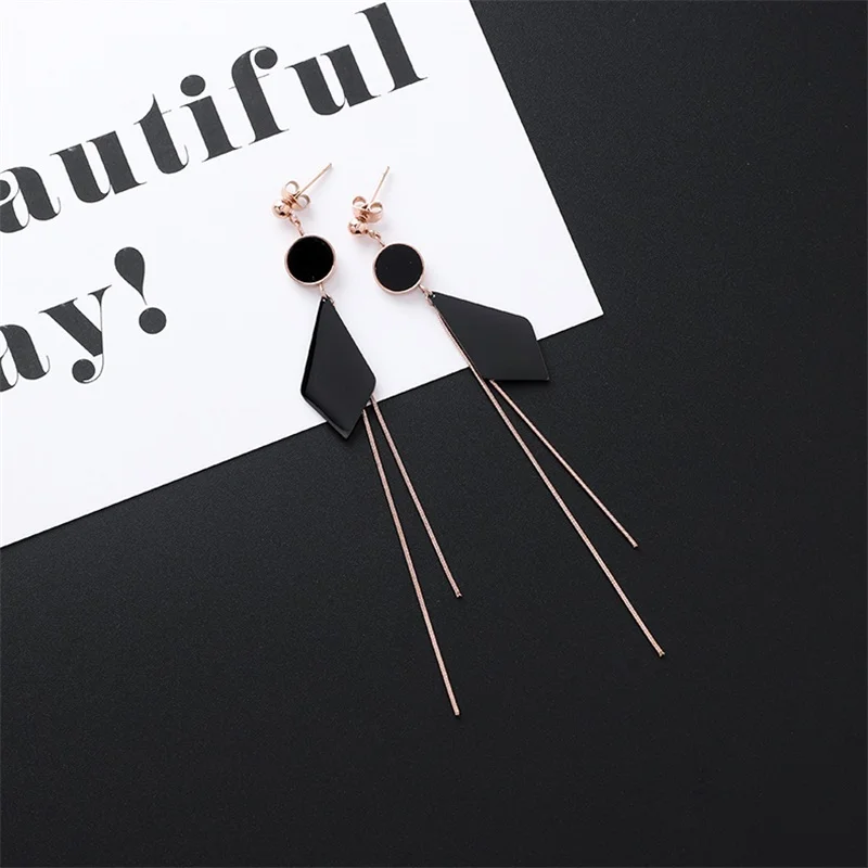 New Listing Geometric Titanium Steel long Tassel Girl Earrings gold Stainless Steel Triangle leaf Girl Black Jewelry Earrings 1