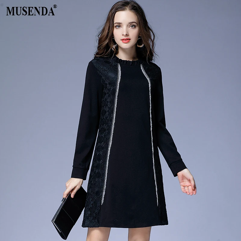 

MUSENDA Plus Size Women Elegant Elastic Black Lace Patchwork Short Dress 2017 Winter Female Party Dresses Vestido Clothing Robe