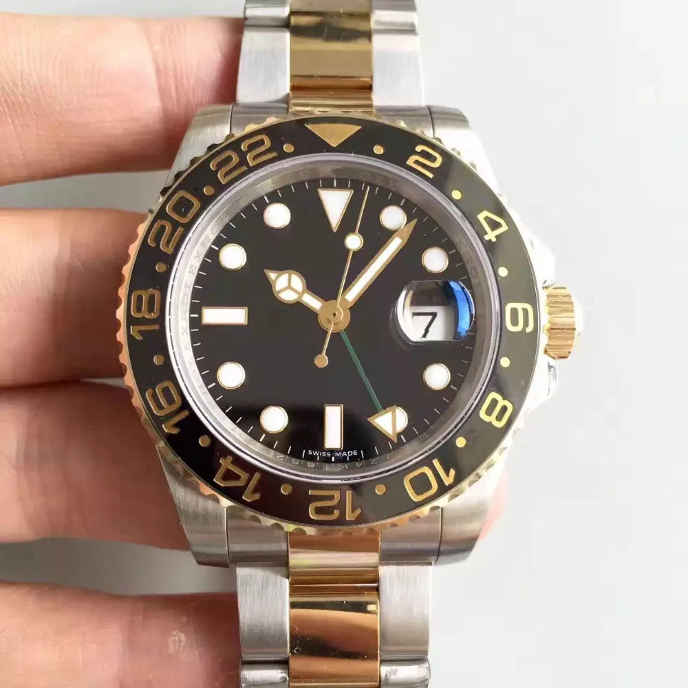 

2018 AAA luxury mens watches automatic GMT Lum Black gold Ceramic Bezel luxury designer watch Stainless original clasp Mens