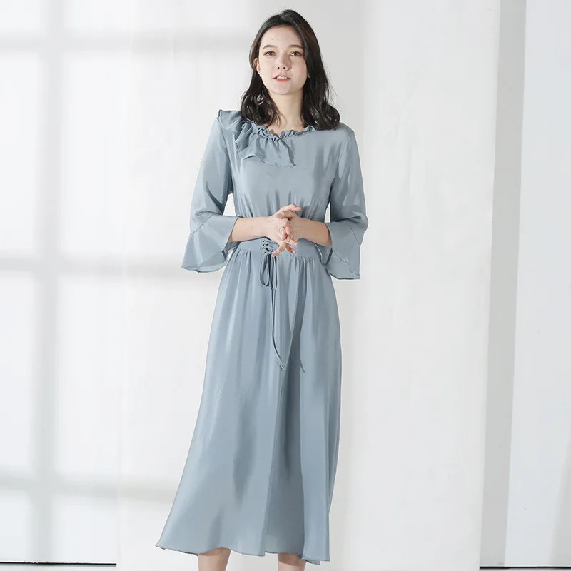 Office Lady Long Dress 100% Silk Solid O Neck Long Sleeve Maxi Dress Women Evening Party Elegant Dress Vestidos Mujer