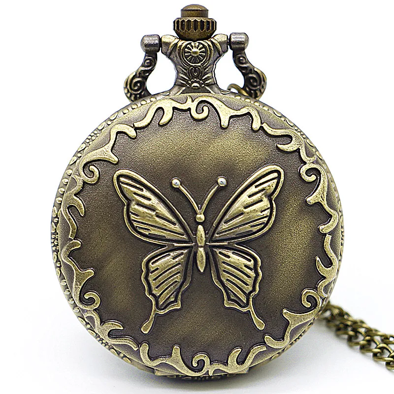 Vintage Bronze Butterfly Pattern Quartz Pocket Watch With Pendant
