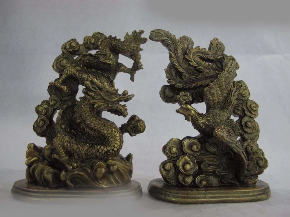 

5 Chinese Brass Copper Dragon phenix in extremely good fortune Feng shui Statue SD 506