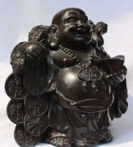 

8"Chinese Buddhism Bronze Happy Laugh Maitreya Buddha moneybag YuanBao Statue