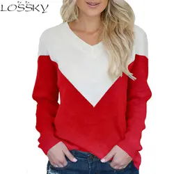 Шить Для женщин вязаный свитер Sexy v-образным вырезом Лоскутная одежда с длинным рукавом Топы 2018 осень Лидер продаж женские свитера