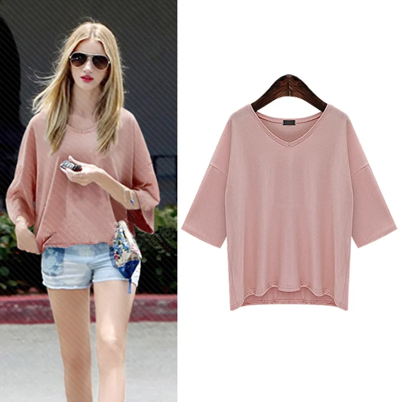 Летняя женская хлопковая Модальная блузка с коротким рукавом и v-образным вырезом, блуза большого размера 6XL, женская блузка - Цвет: Pink