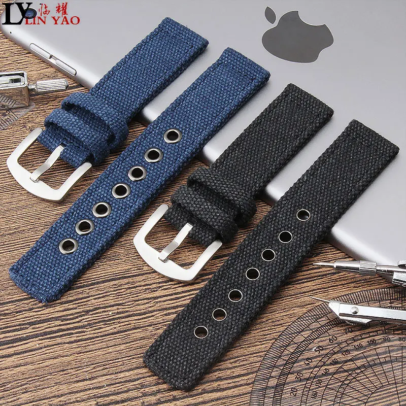 

Blue and black 20MM / 22MM/24MM Mens Denim Canvas Strap for seiko timex dw watchband Silver Pin Buckle Watch accessories+tools.