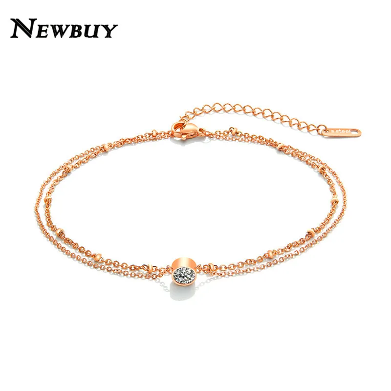

NEWBUY Rose Gold Color Double Layers Cubic Zirconia Anklets For Women Stainless Steel Never Fade Link Chain Ankle Bracelet
