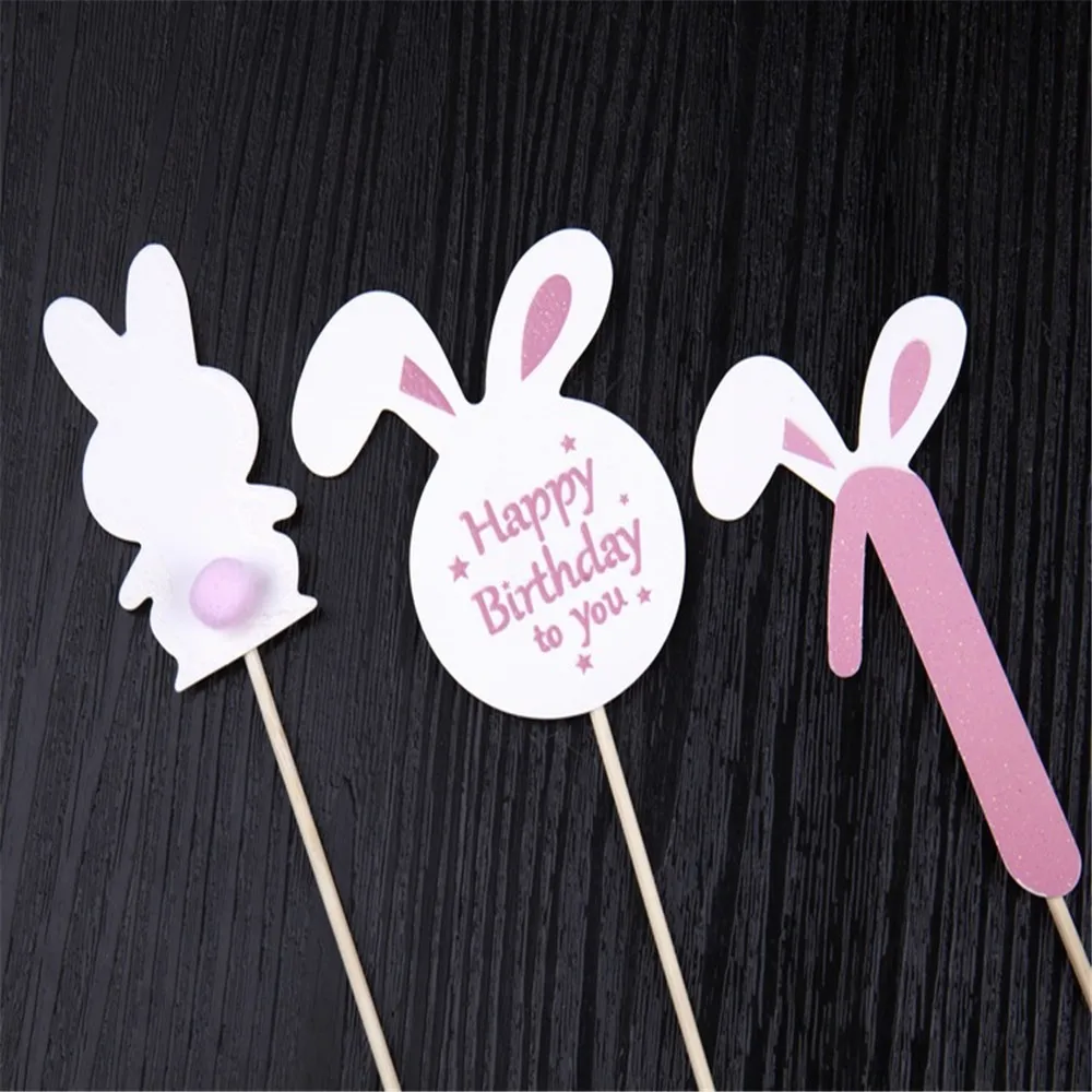 

CRLEY 10sets 30pcs cute pink blue bunny rabbit cake toppers birthday party cupcake decoration toppers tropical party supplies