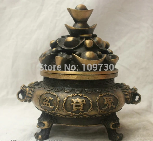 

001535 Chinese Folk Culture Handmade Brass Bronze Statue Treasure bowl incense burne