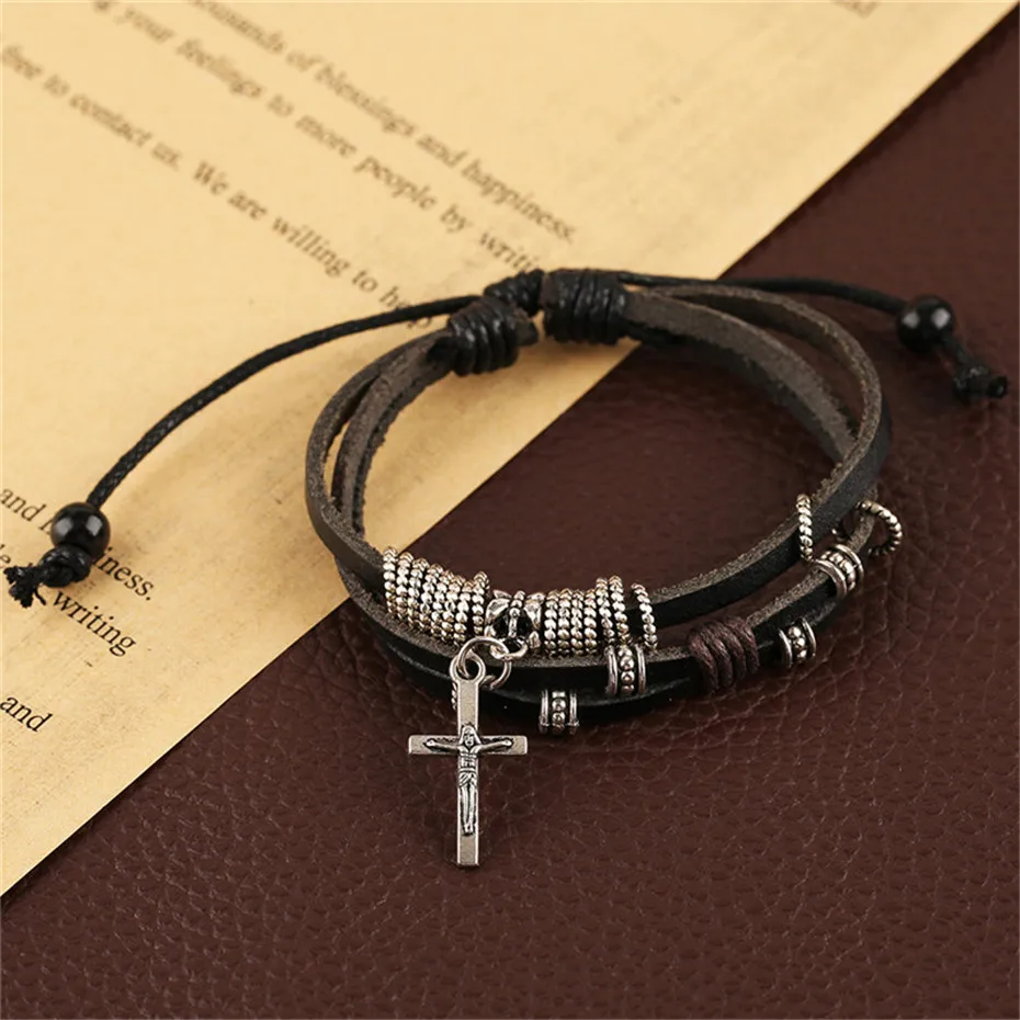 Punk Style Cool Cross Multilayer Women Men Bracelets Vintage Hand-woven Stylish Jewelry Fashion Charm Leather Bangle (11)