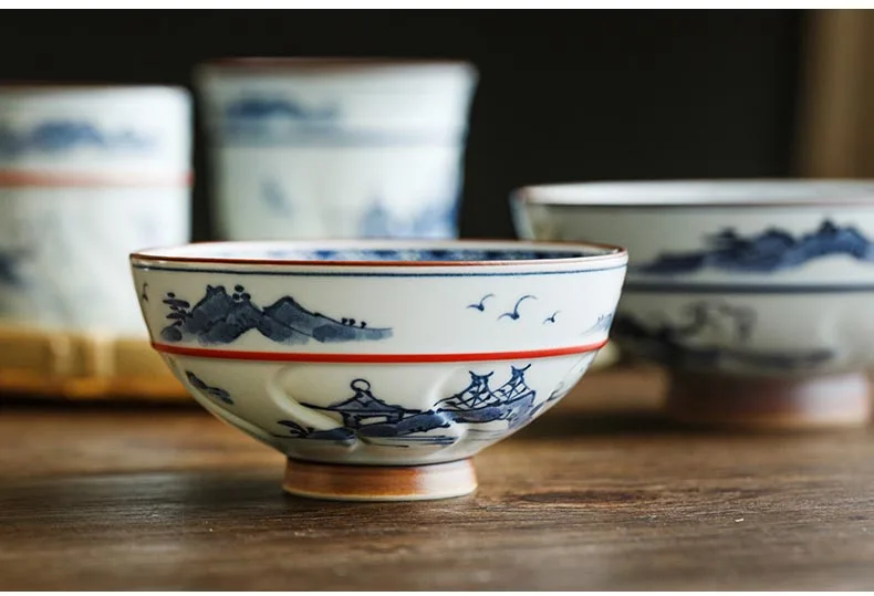 Японский стиль керамическая чаша пейзаж Синий и белый фарфор посуда для дома рисовая чаша Ramen чаша Творческий салат еда контейнер