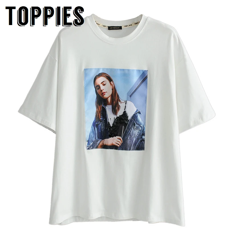

2019 Summer Graphic Tees Women Short Sleeve Sequined White T-Shirt Loose O-Neck Tops Fashion Streetwear