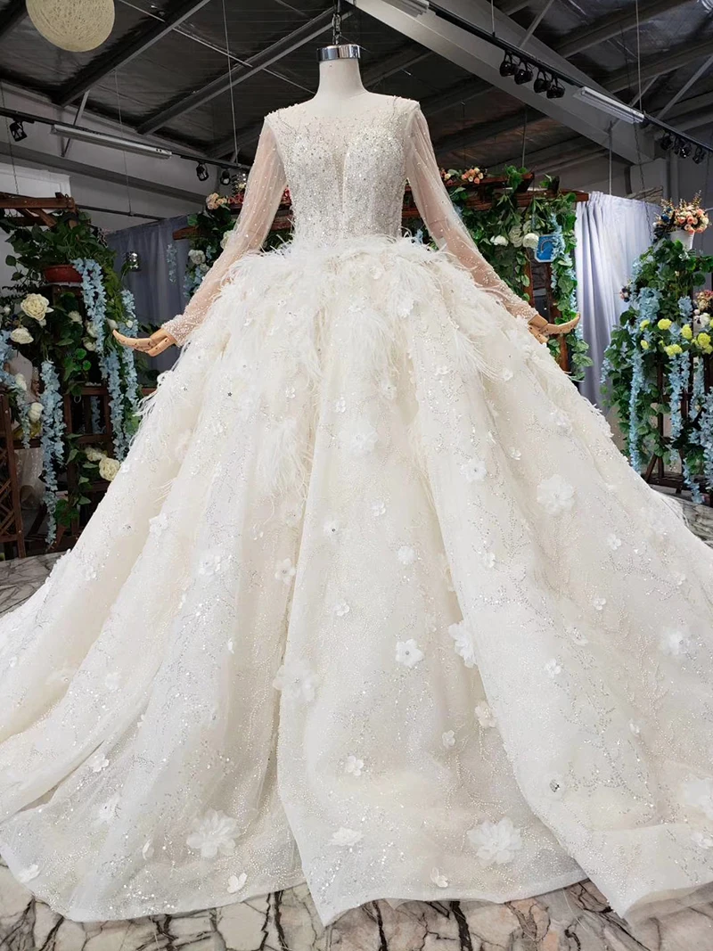 HTL503 Роскошные свадебные платья принцессы со шлейфом, круглый вырез, длинный рукав, цветы, свадебные платья с вуалью, vestido de casamento