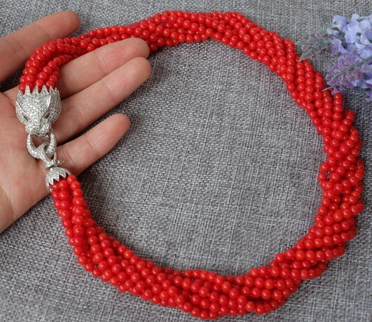 

xiuli 003526 8strds Red Coral Round necklace-zircon clasp