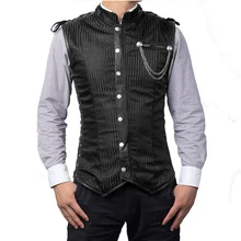 Черные Полосатые атласные цепочки с воротником-стойкой без рукавов средневековый винтажный жилет готическая одежда для мужчин стимпанк корсет жилет плюс размер