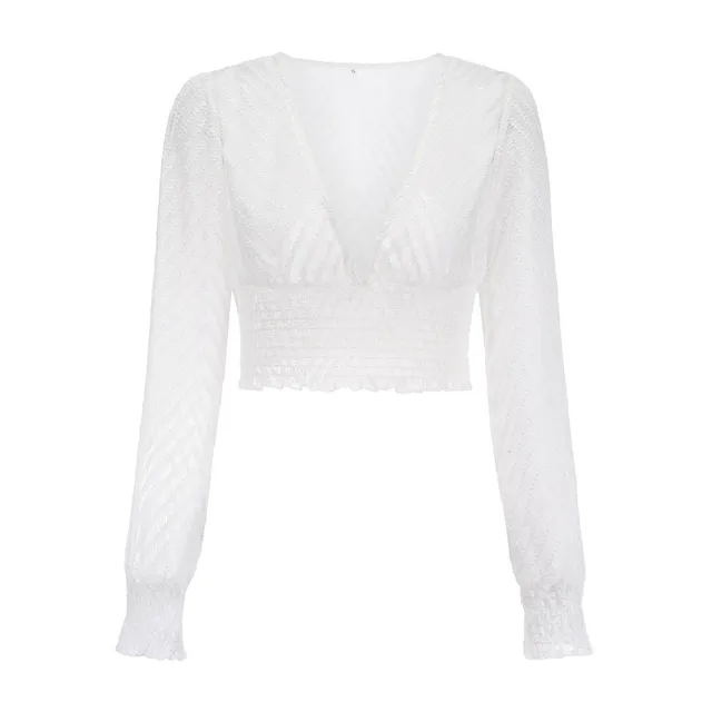 FeiTong Long sleeve white lace top women Sexy hollow out crop top ...