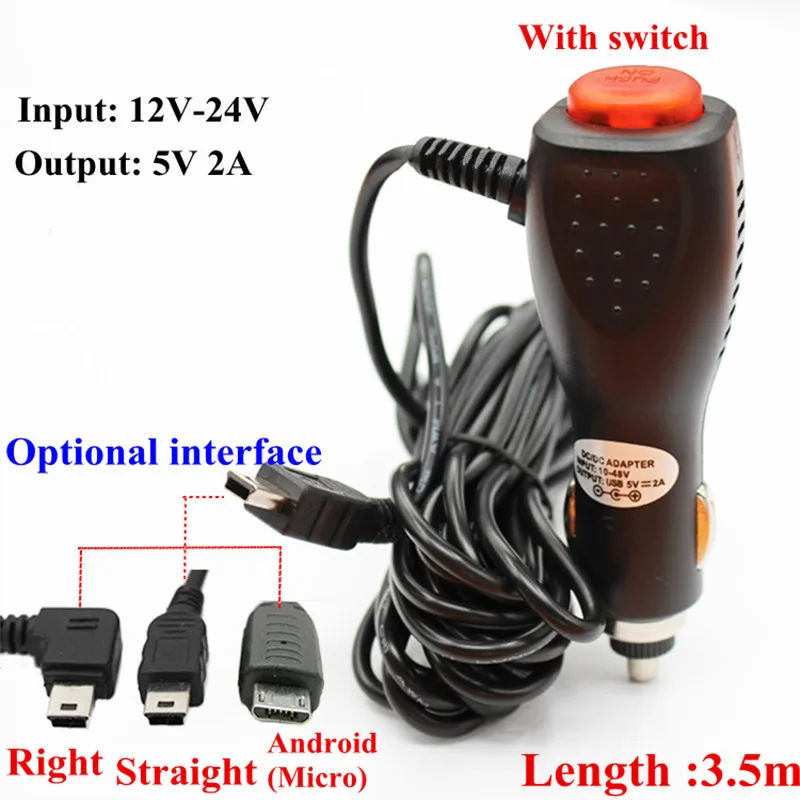 

3.5meter 5V 2A Micro / mini USB Car Charger Adapter with Switch for Car DVR Camera Video Recorder / GPS input DC 12V - 24V
