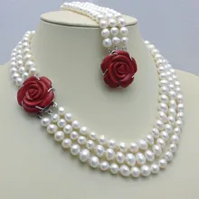 Чудесный счастливый ювелирный набор натуральный 7-8 мм пресноводный жемчуг 3 ряда жемчужное ожерелье и браслеты коралловый искуственный 925 серебро