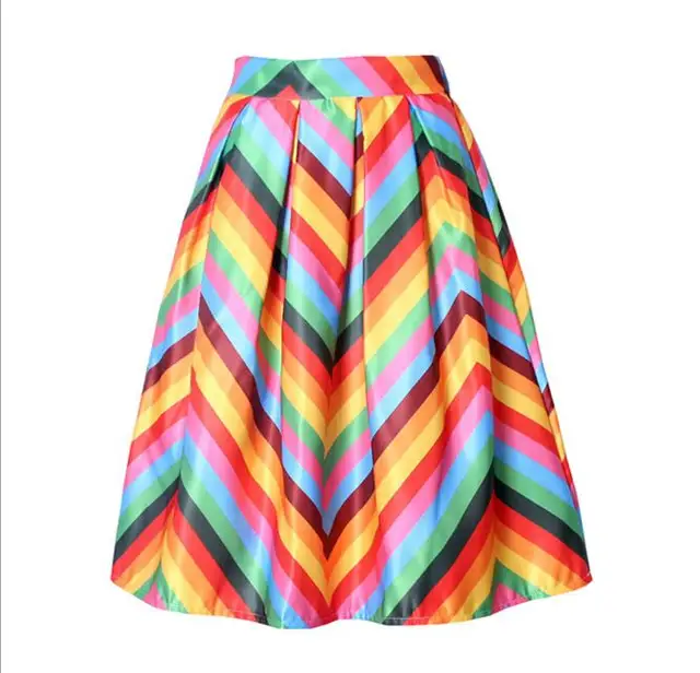 Rainbow Striped Satin Skirts Women High Quality Elastic Waist Printed