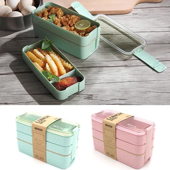 

Behogar 3-Layer 900mL Wheat Straw Bento Lunch Box Food Container with Spoon Fork for Adult Student Office School Picnic Camping