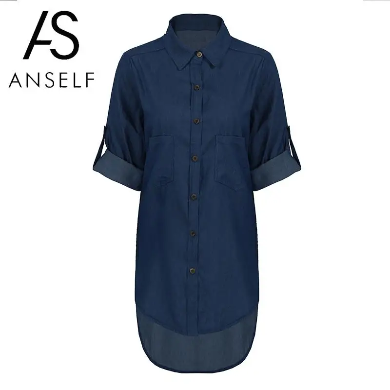 

Womens Tops and Blouses 5XL Plus Size Denim Blouse Turn Down Collar Rolled Long Sleeve Tunics Pockets Low High Irregular Shirts