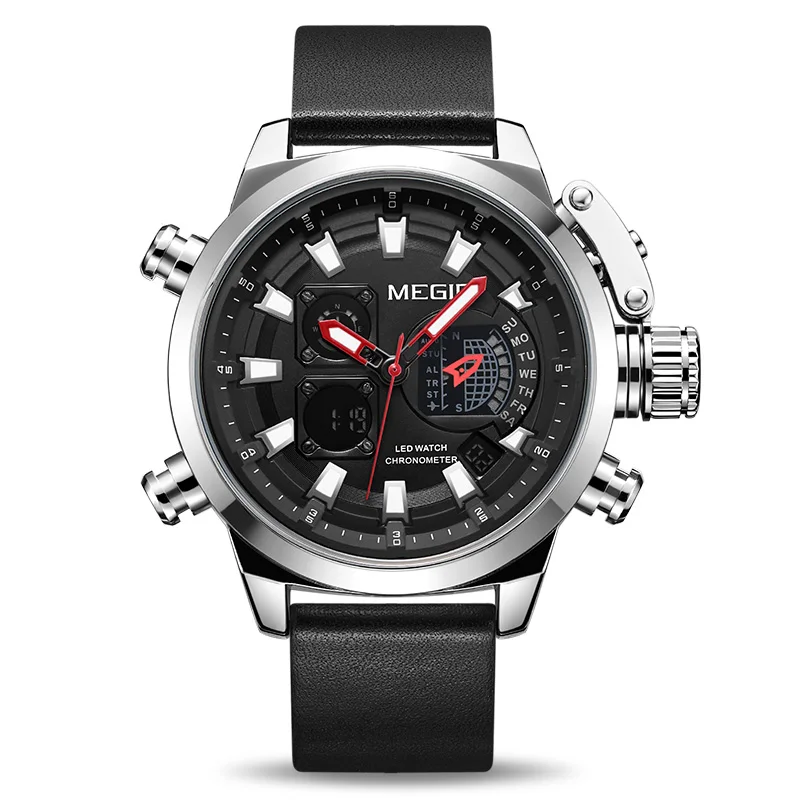 MEGIR спортивные часы с двойным дисплеем для мужчин, цифровые аналоговые кварцевые часы, мужские военные часы, Relogio Masculino Reloj Hombre - Цвет: Sliver black