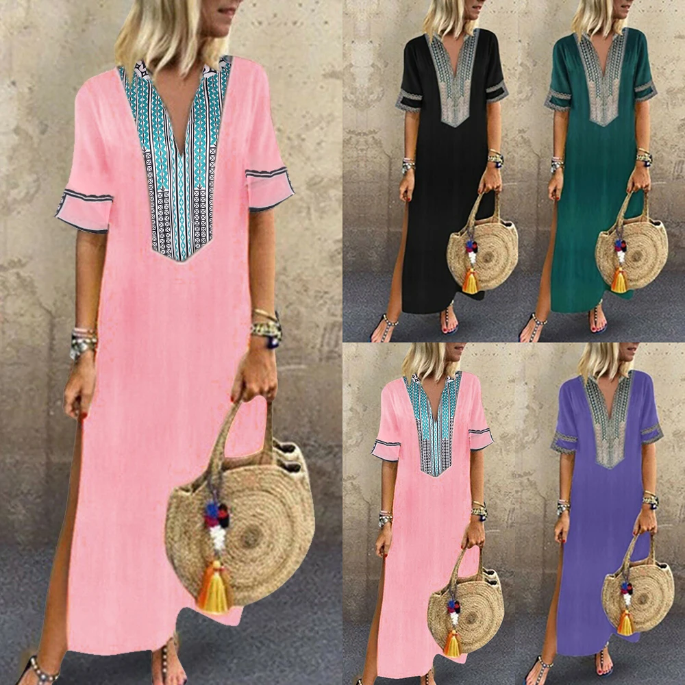 

Summer Solid V-Neck Dress Casual Print Short Sleeve Dress Women Fashion Beach Style Vestidos De Verano Loose Plus Size Dresses