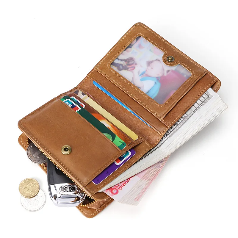 

Cow Leather Men Wallets with Zipper Coin Pocket Vintage Male Purse Function Smart Genuine Leather Money Bag with Card Holders