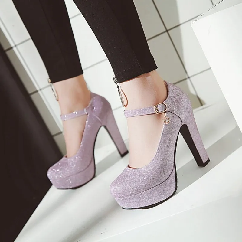 Women Pumps Super High Heels Sexy New Fashion Square Heel Platform 2018 Spring Autumn Pu Bling Party Wedding Shoes Gold Purple