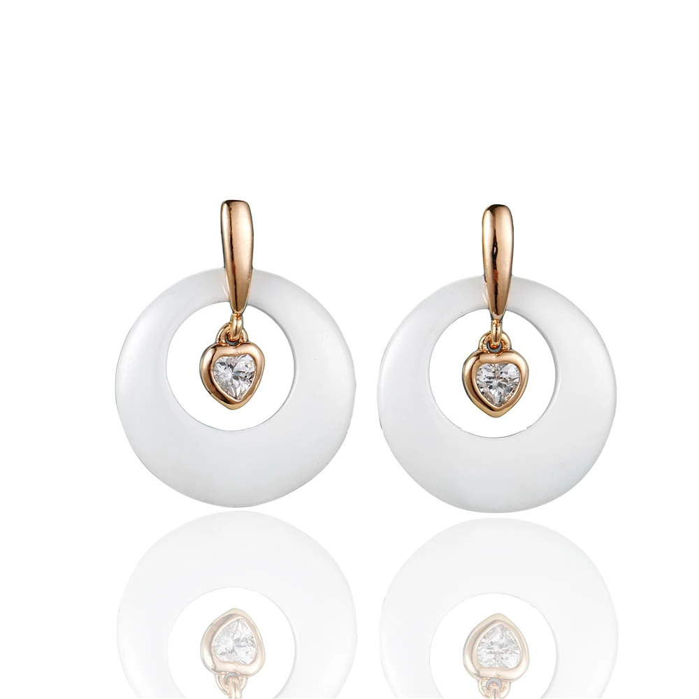 New Hollow Round White Ceramic Earrings Fashion Gold Heart Zircon Stud Earrings Luxury Ceramic