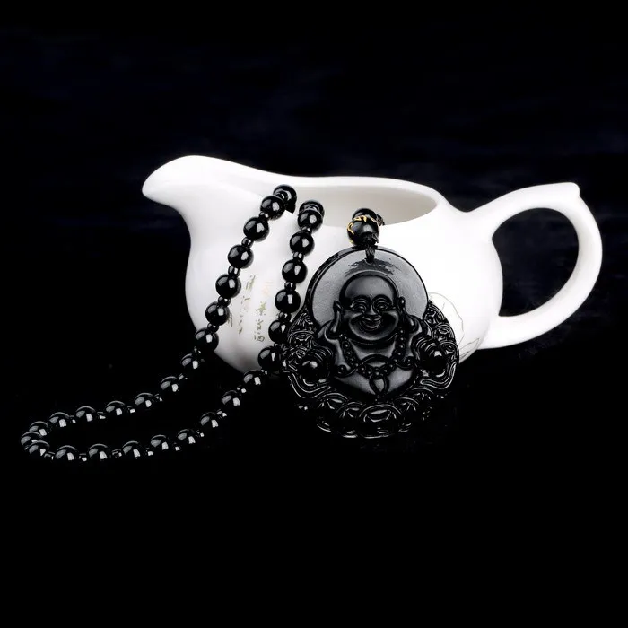 Высокое качество уникальный натуральный черный обсидиан Резные Лаки амулет кулон ожерелье для женщин мужчин Подвески Ювелирные изделия - Окраска металла: 5