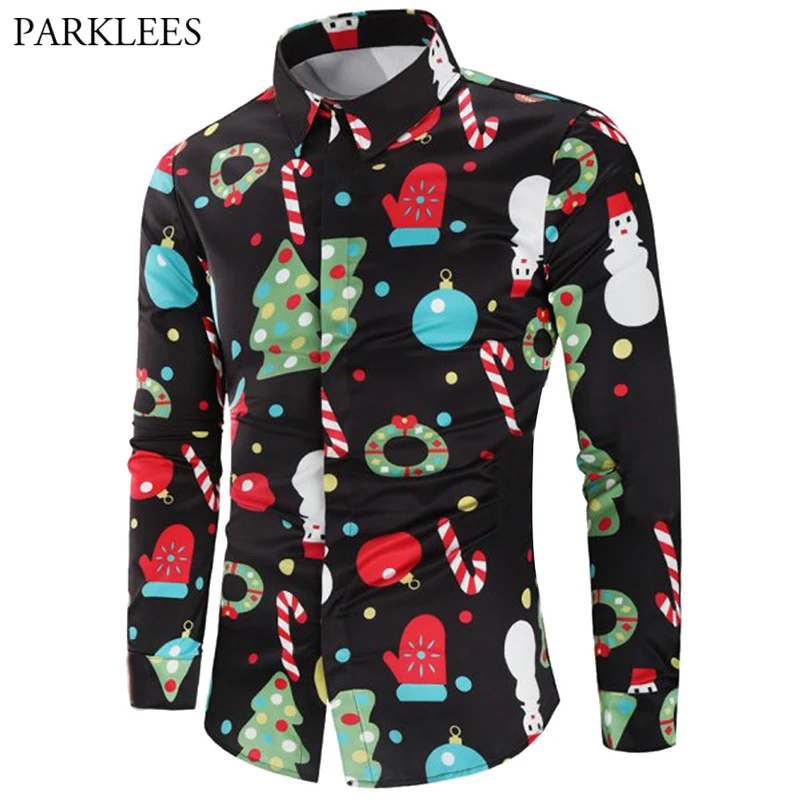 

Funny Christmas Print Shirt Men Casual Slim Fit Long Sleeve Mens Black Dress Shirts Hip Hop Streetwear Xmas Party Costume Blouse