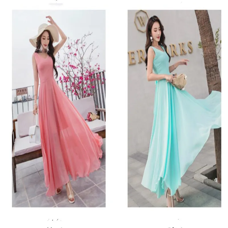 2019 New Summer Beach Dress Women's Fashion Sleeveless V-Beck Red Blue Long Dress Elegant Robes Women's Plus Size 5XL (2)